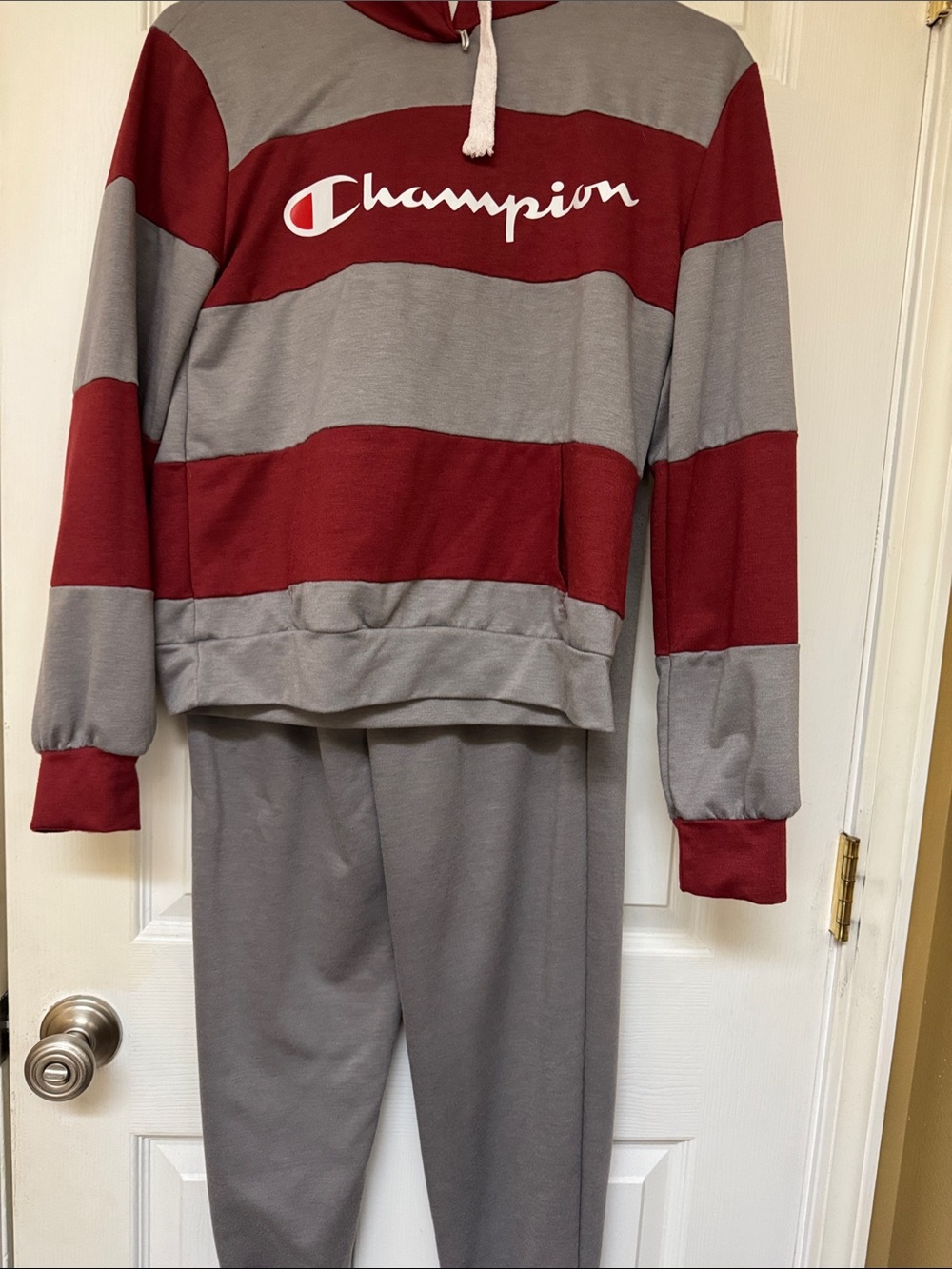 Champion Red and Gray Striped Hoodie & Jogger Set